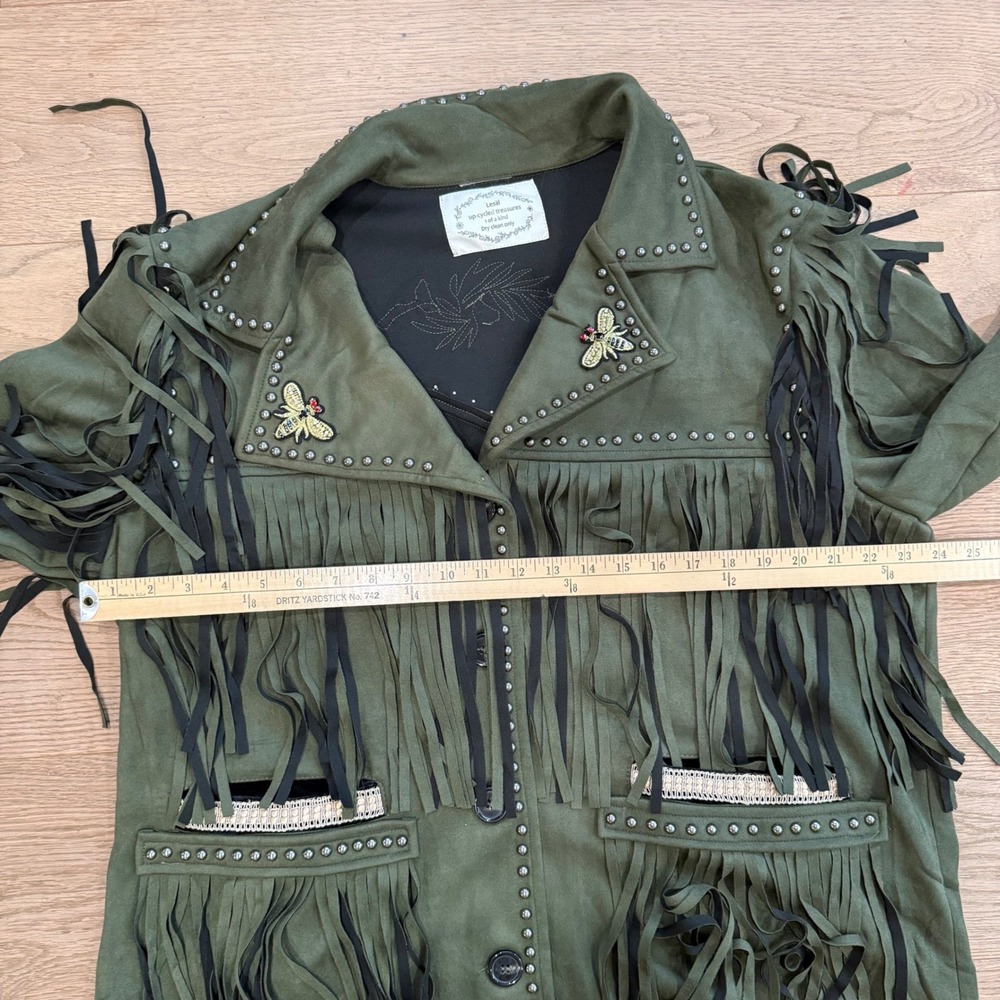 Lesal Upcycled Fringe Jacket Olive Green Beaded Floral Western Boho - Picture 6 of 12